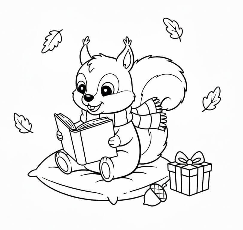 Scoiattolo che Legge un Libro da colorare