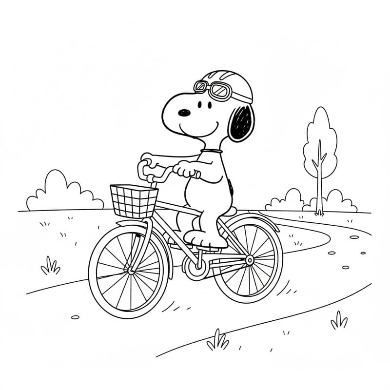 Snoopy che va in bicicletta da colorare