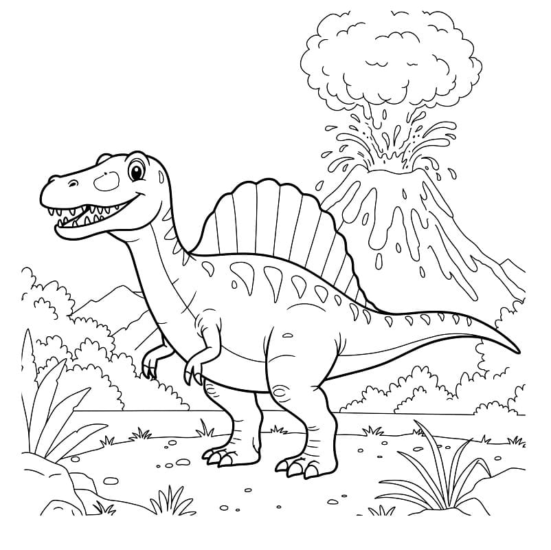 Spinosauro e vulcano da colorare