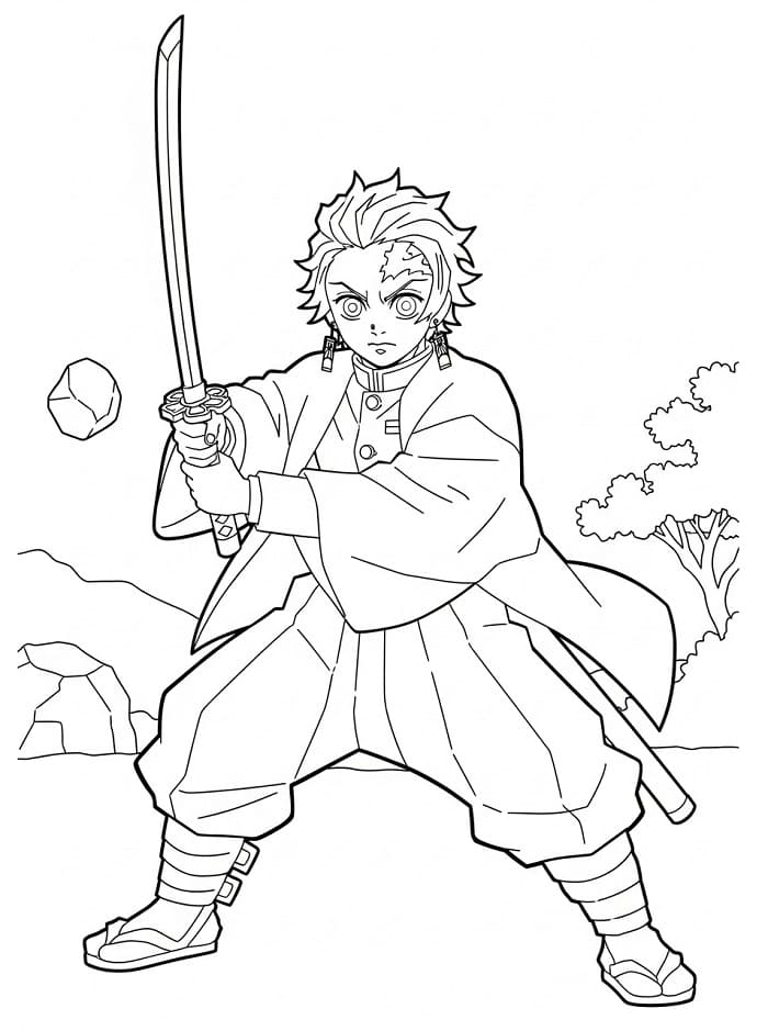 Tanjiro che combatte da colorare