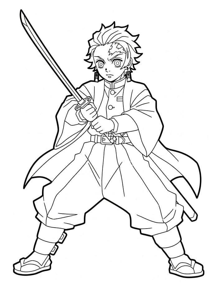 Tanjiro con la spada in mano da colorare
