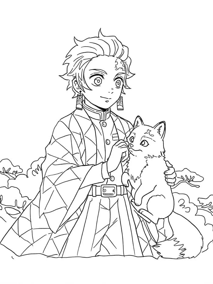 Tanjiro e la volpe da colorare