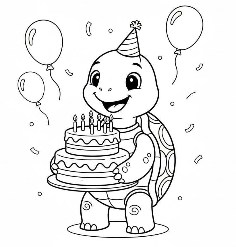 Tartaruga e Torta di Compleanno da colorare
