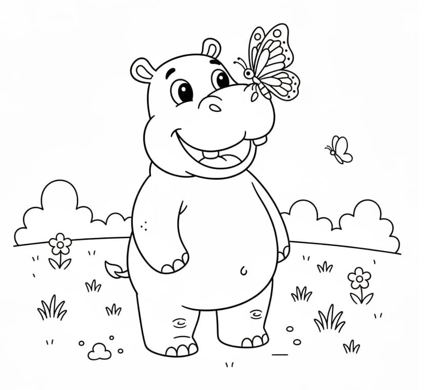 Un Ippopotamo e farfalla da colorare
