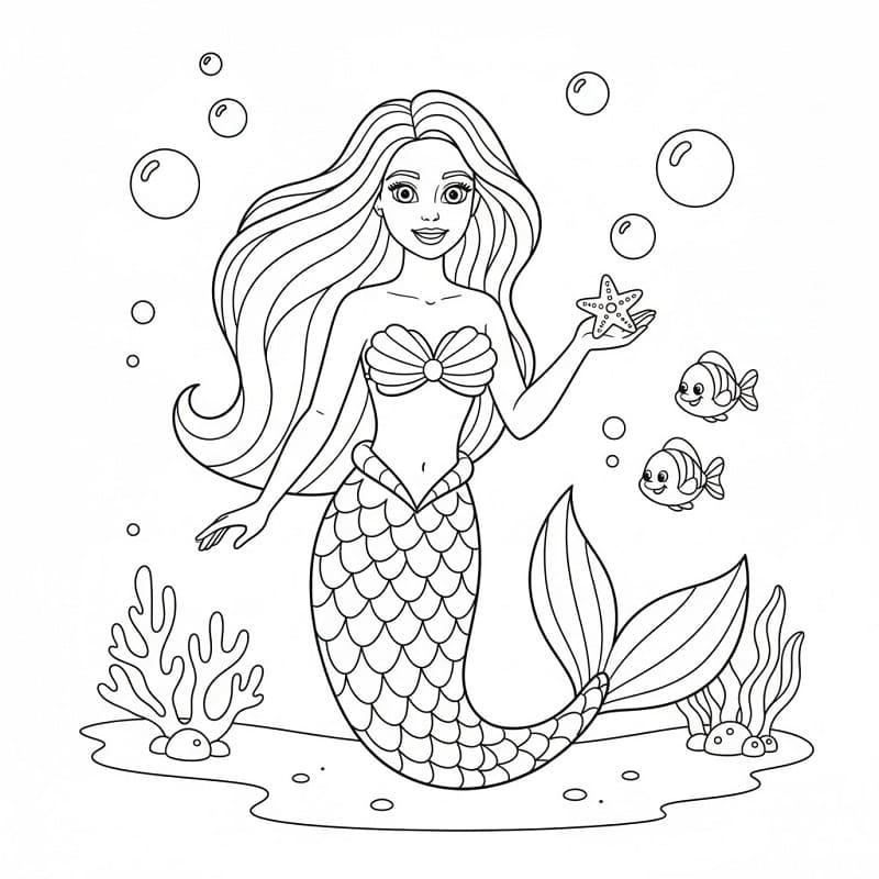 Barbie Sirena Facile da colorare