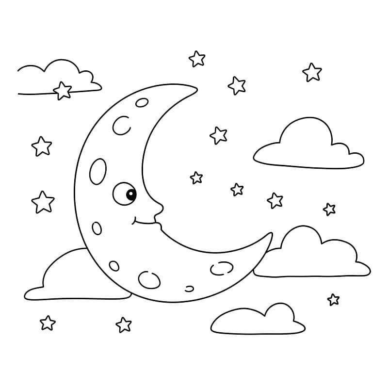 Luna con Nuvole e Stelle da colorare