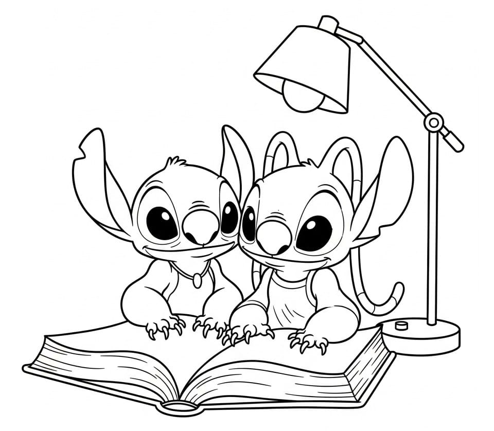 Stitch e Angel che Leggono un Libro da colorare