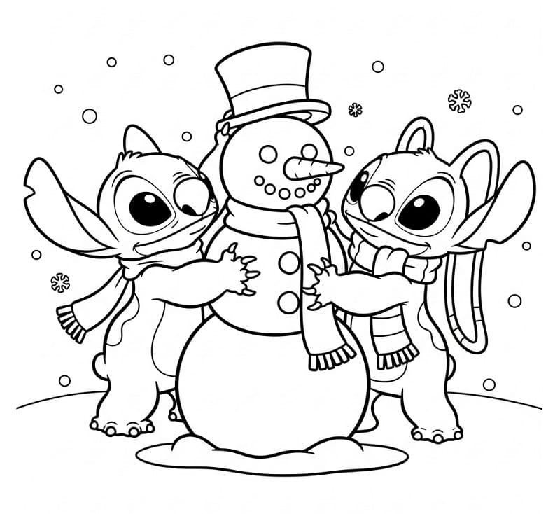 Stitch e Angel con Pupazzo di Neve da colorare
