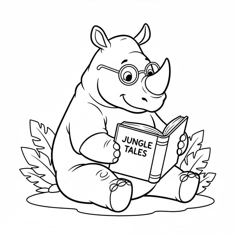 Rinoceronte che legge un libro da colorare