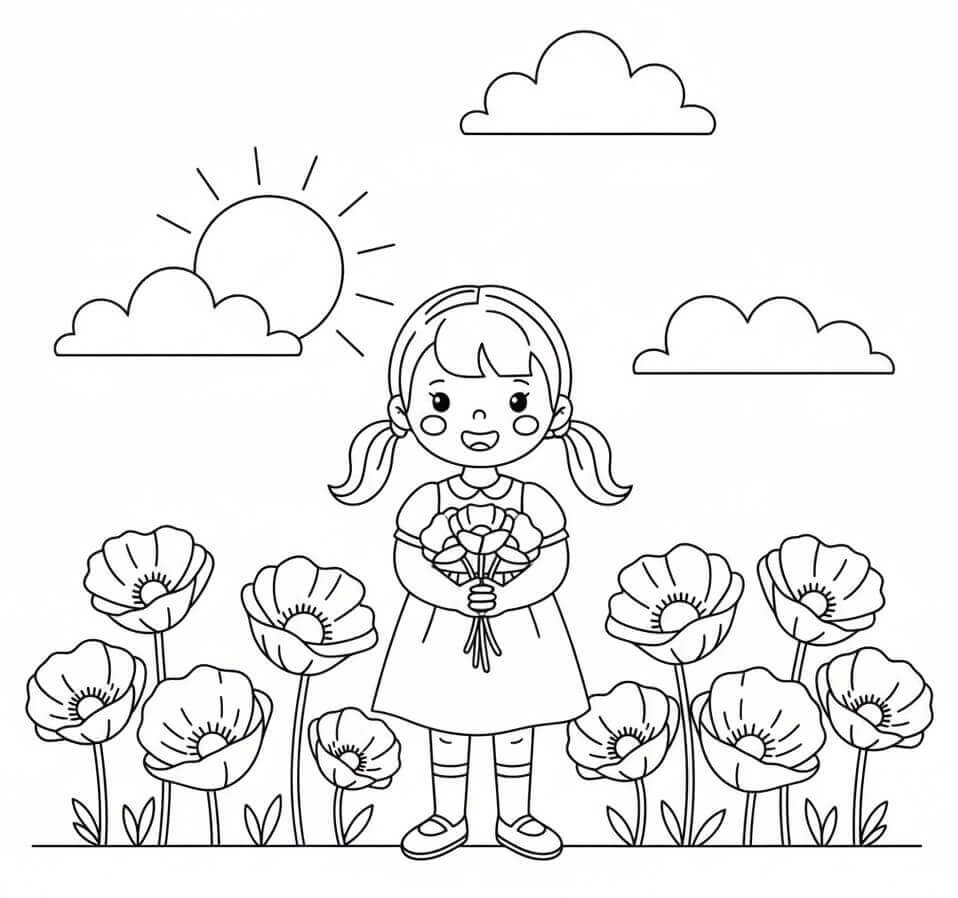 Ragazza e papaveri da colorare