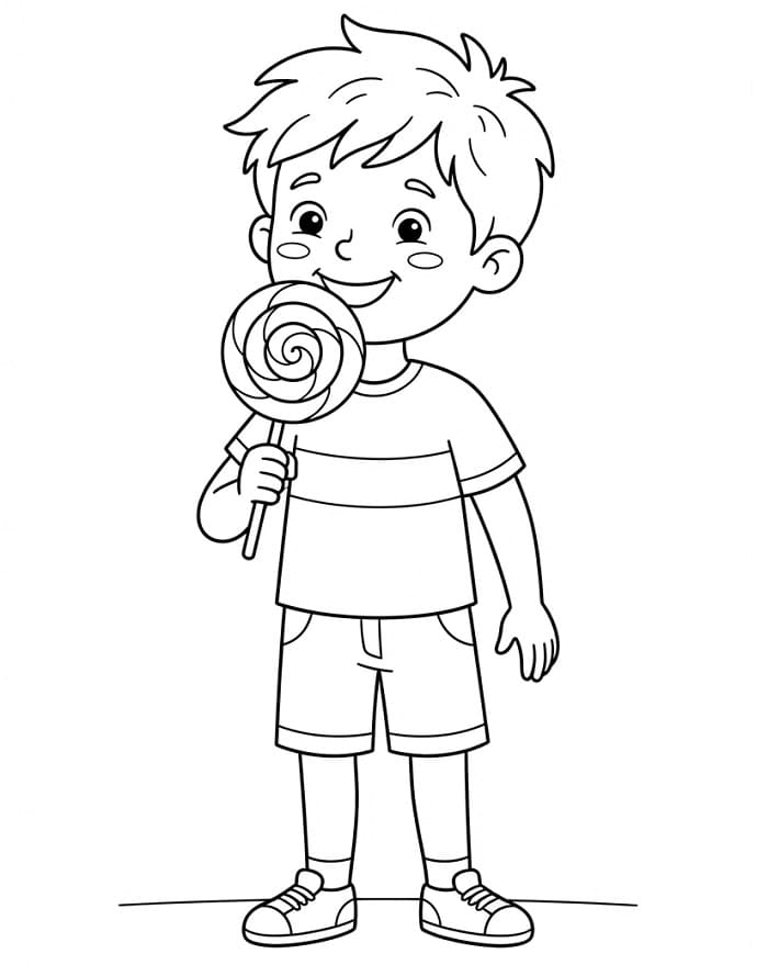 Bambino che mangia un lecca-lecca da colorare