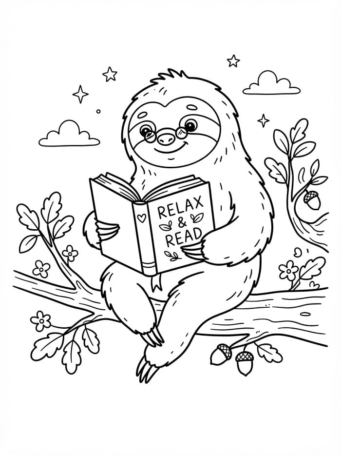Bradipo che legge un libro da colorare