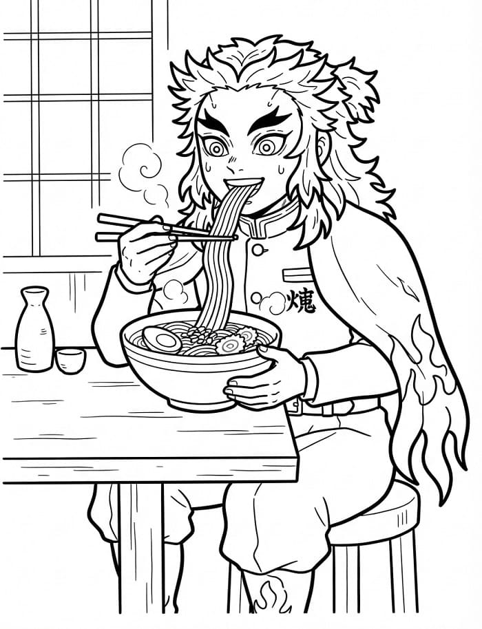 Kyojuro Rengoku che mangia noodles da colorare