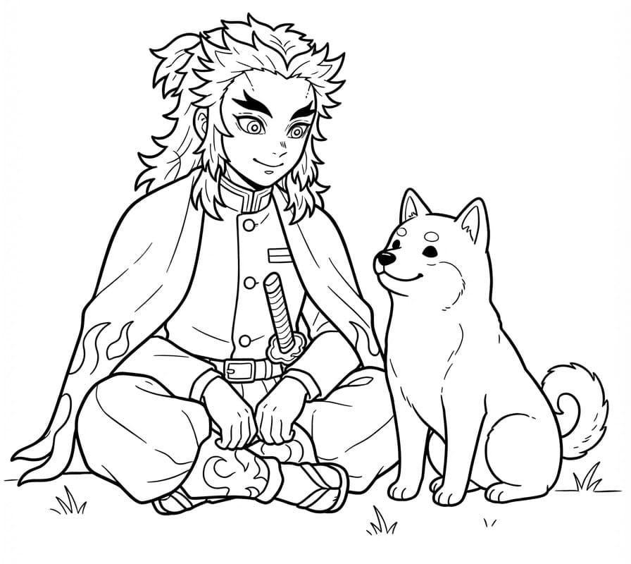 Kyojuro Rengoku con cane da colorare