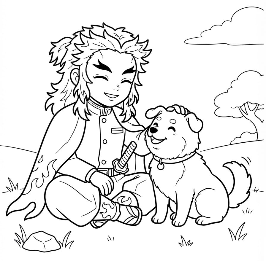 Kyojuro Rengoku e cucciolo da colorare