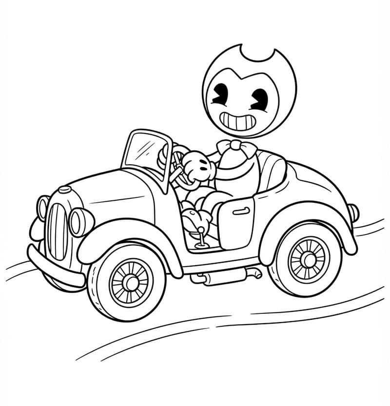 Bendy che guida l'auto da colorare