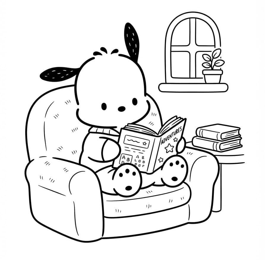 Pochacco che legge un libro da colorare